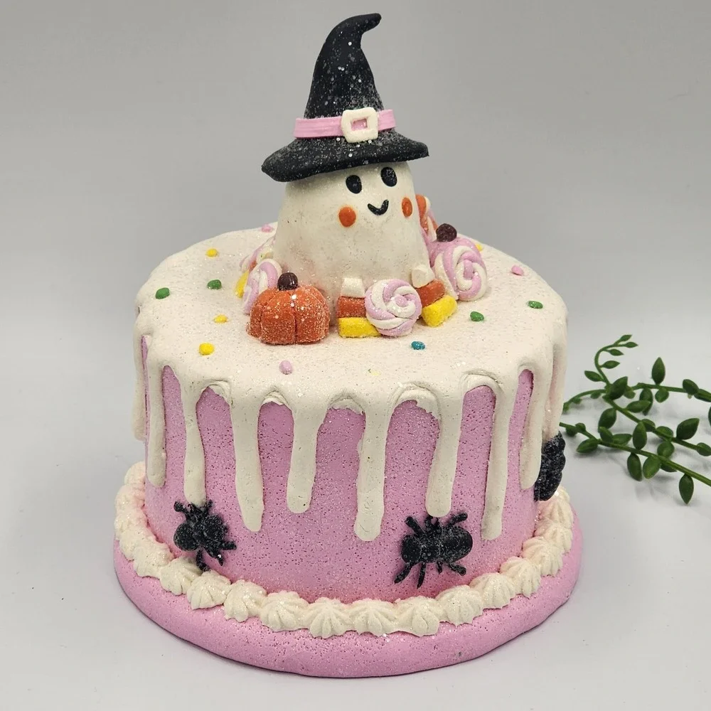 Halloween Gingerbread Faux Cake Pink Ghost Witch Hat Candy Pumpkins Spiders 8